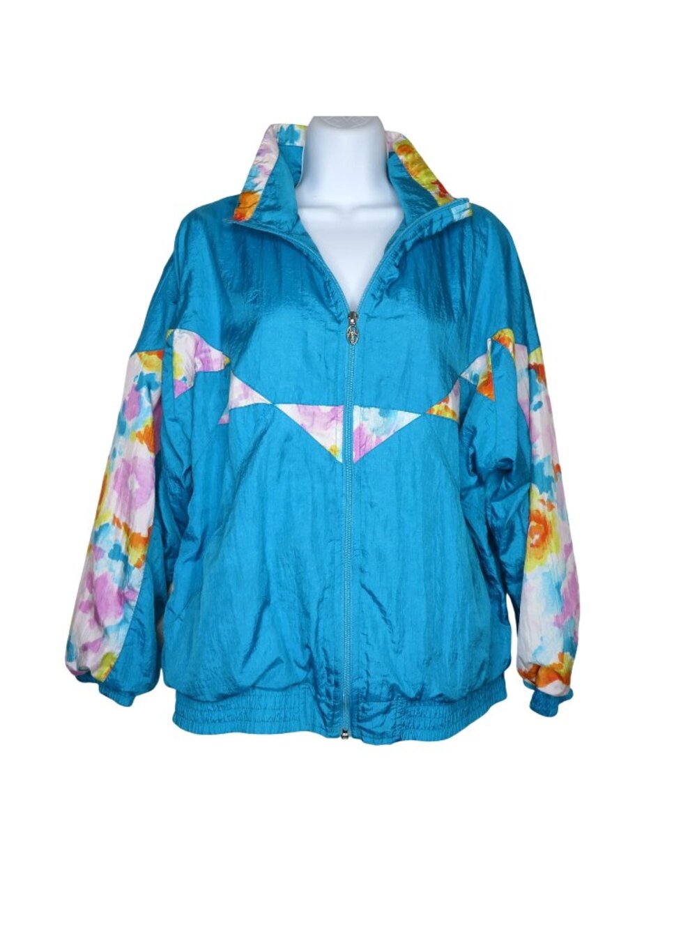 Lavon Vintage Womens Windbreaker Jacket Turquoise Floral Colorblock Nylon Zip